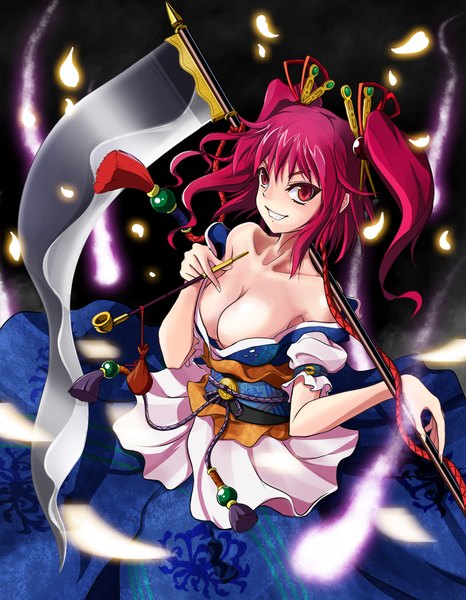 Anime picture 1860x2391 with touhou onozuka komachi shinebell single long hair tall image looking at viewer highres breasts light erotic smile red eyes twintails bare shoulders red hair off shoulder girl hair ornament obi hair tie