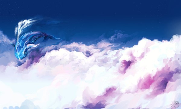 Anime picture 1717x1040 with original ominoux highres wide image sky cloud (clouds) no people fantasy swimming animal star (stars) whale
