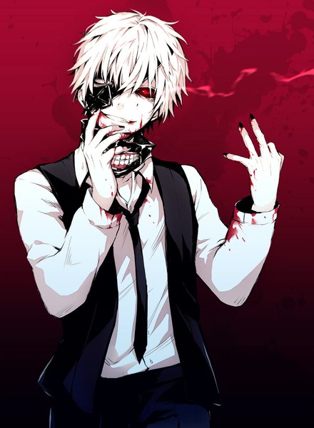 Anime picture 800x1091 with tokyo ghoul studio pierrot kaneki ken arisaka ako single tall image looking at viewer fringe short hair smile standing white hair nail polish fingernails glowing glowing eye (eyes) red background black nail polish pointing bloody clothes