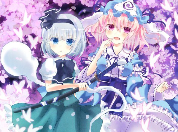 Anime picture 1342x999 with touhou konpaku youmu saigyouji yuyuko myon minnto15 blush short hair open mouth blue eyes smile multiple girls pink hair silver hair long sleeves japanese clothes pink eyes wide sleeves short sleeves cherry blossoms finger to mouth
