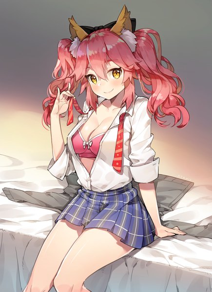 Anime picture 1200x1652 with fate (series) fate/extra tamamo (fate) (all) tamamo no mae (fate) ayami (annahibi) single long hair tall image blush fringe breasts light erotic smile hair between eyes large breasts sitting twintails animal ears yellow eyes pink hair