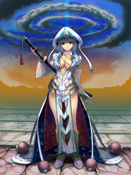 Anime picture 750x1000 with original masao single long hair tall image looking at viewer light erotic brown eyes sky cloud (clouds) aqua hair mole mole under eye personification girl weapon hat detached sleeves sword katana