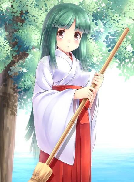 Anime picture 1000x1356 with original komimiyako single long hair tall image looking at viewer blush brown eyes green hair miko girl plant (plants) tree (trees)