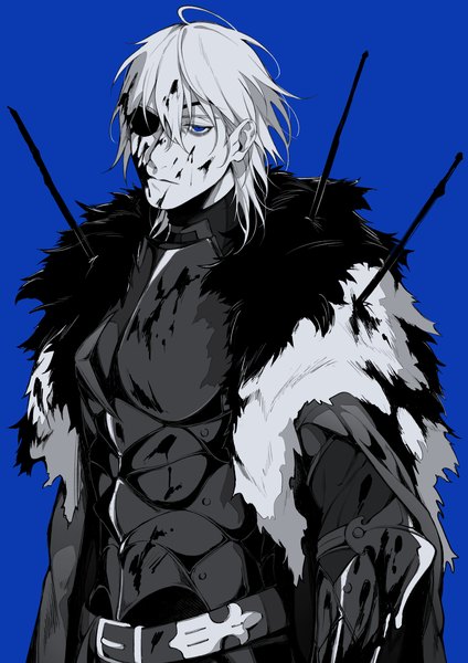 Anime picture 1191x1684 with fire emblem fire emblem: three houses nintendo dimitri alexandre blaiddyd sb (artist) single tall image looking at viewer fringe short hair blue eyes simple background hair between eyes fur trim monochrome blue background injury spot color boy belt