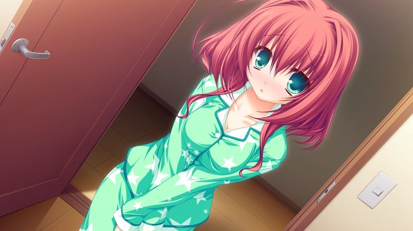 Anime picture 1920x1080 with lunaris filia hayama mai mikagami mamizu blush highres short hair wide image green eyes game cg red hair girl pajamas