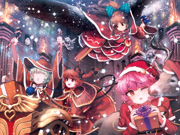 Anime picture 1772x1329 with touhou komeiji koishi komeiji satori reiuji utsuho kaenbyou rin zombie fairy hijiwryyyyy long hair highres short hair open mouth smile red eyes brown hair multiple girls animal ears pink hair silver hair ponytail red hair