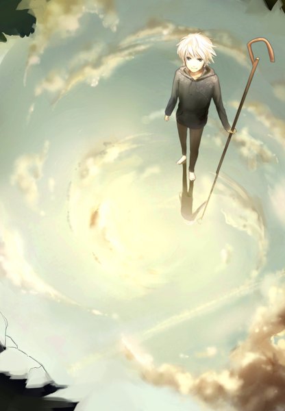 Anime picture 2701x3896 with rise of the guardians dreamworks jack frost (rise of the guardians) escente (artist) single tall image highres short hair standing sky cloud (clouds) white hair barefoot light smile grey eyes reflection boy staff ice