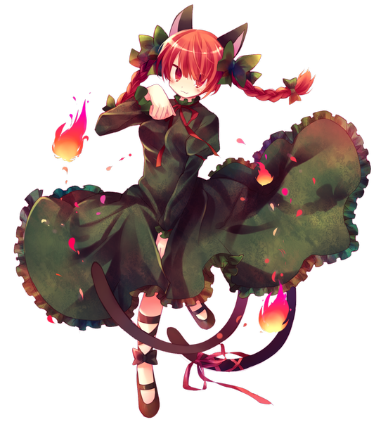 Anime picture 1750x1900 with touhou kaenbyou rin ibara riato single long hair tall image looking at viewer blush highres red eyes animal ears red hair braid (braids) cat ears cat girl cat tail twin braids transparent background frilled dress multiple tails