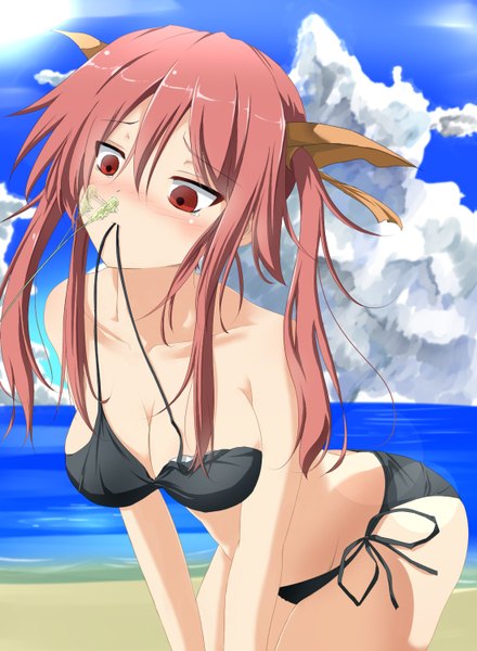 Anime picture 1100x1500 with original inudzuka ringo single long hair tall image blush fringe breasts light erotic hair between eyes red eyes large breasts twintails bare shoulders holding payot looking away sky cleavage cloud (clouds)