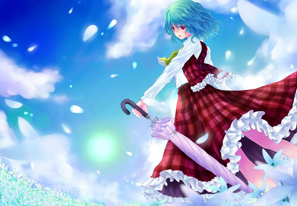 Anime picture 2000x1390 with touhou kazami yuuka clumeal single highres short hair open mouth red eyes cloud (clouds) outdoors aqua hair plaid skirt closed umbrella girl skirt petals umbrella vest skirt set long skirt