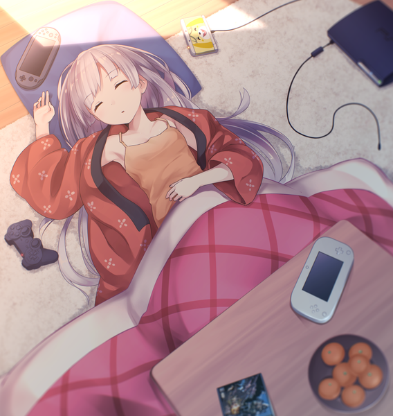 Anime picture 2369x2500 with original ninnzinn single long hair tall image fringe highres bare shoulders purple hair lying eyes closed sunlight on back sleeping girl pillow table fruit wire (wires) blanket