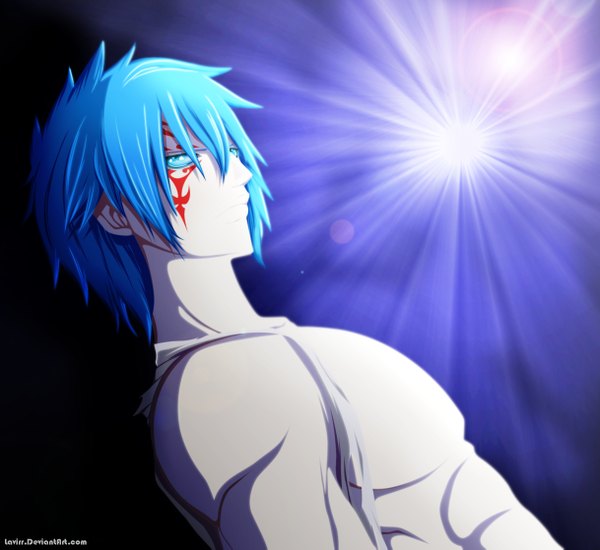 Anime picture 2436x2233 with fairy tail jellal fernandes lavirr single highres short hair blue eyes blue hair looking back sunlight tattoo sleeveless coloring facial mark muscle boy