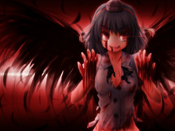 Anime picture 1024x768 with touhou shameimaru aya akashio (loli ace) single short hair black hair red eyes torn clothes girl hat wings blood feather (feathers)