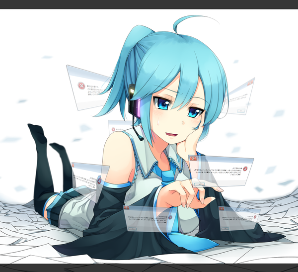 Anime picture 1024x934 with vocaloid hatsune miku 7zu7 single short hair open mouth blue eyes blue hair ponytail lying alternate hairstyle alternate hair length girl thighhighs black thighhighs detached sleeves headphones