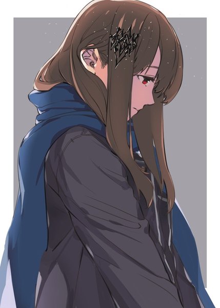 Anime picture 700x979 with original megumoke single long hair tall image simple background red eyes brown hair upper body profile grey background border looking down girl hair ornament jacket scarf