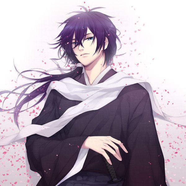 Anime picture 1800x1800 with hakuouki shinsengumi kitan studio deen saito hajime single long hair highres blue eyes white background purple hair lying japanese clothes boy petals kimono scarf