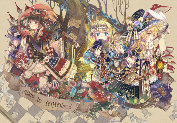 Anime picture 2287x1593 with alice in wonderland touhou hakurei reimu kirisame marisa patchouli knowledge alice margatroid shanghai white rabbit cheshire cat ekita xuan long hair looking at viewer blush fringe highres short hair breasts open mouth blue eyes black hair