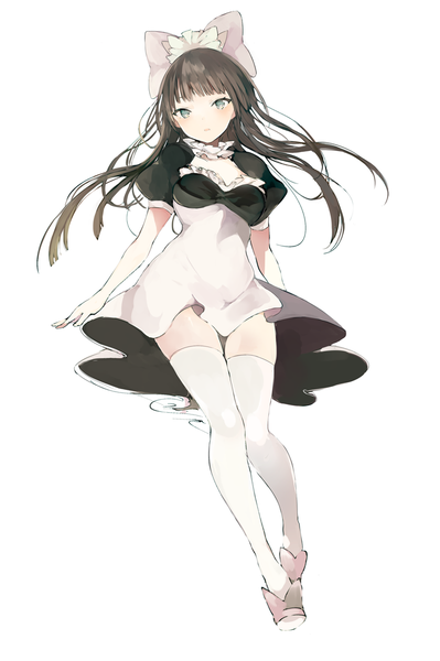 Anime picture 720x1082 with original lpip single long hair tall image looking at viewer fringe simple background brown hair white background full body blunt bangs head tilt :o short sleeves grey eyes zettai ryouiki puffy sleeves thigh gap floating hair