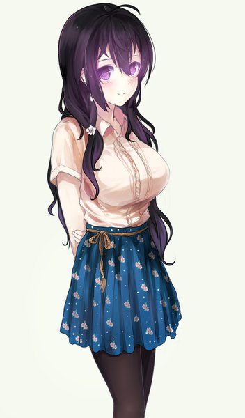 Anime picture 1000x1700 with original miyaura sanshio beifeng han single long hair tall image looking at viewer blush fringe breasts black hair simple background smile hair between eyes large breasts standing white background purple eyes ahoge hair flower