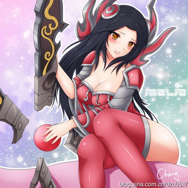 Anime picture 2500x2500 with league of legends irelia (league of legends) cheng single long hair blush highres light erotic black hair yellow eyes girl thighhighs weapon armor