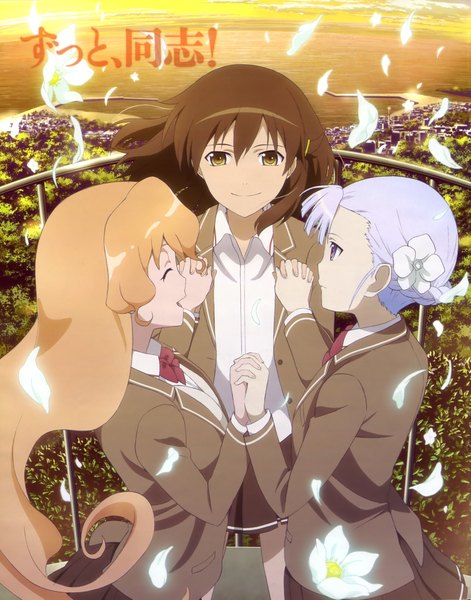 Anime picture 3197x4073 with rinne no lagrange production i.g fin e ld si laffinty kyouno madoka muginami long hair tall image highres short hair blonde hair smile brown hair purple eyes multiple girls yellow eyes absurdres white hair eyes closed scan girl