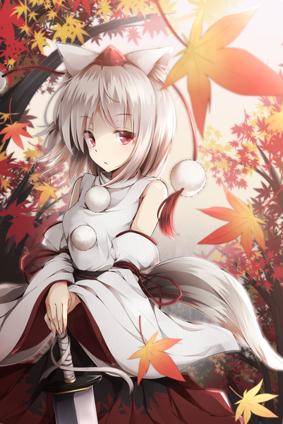 Anime picture 1000x1496 with touhou inubashiri momiji toyosaki shu single tall image fringe short hair red eyes standing animal ears looking away silver hair outdoors tail animal tail wide sleeves wolf ears autumn wolf tail wolf girl