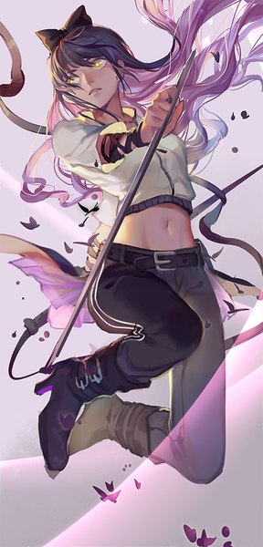 Anime picture 455x945 with rwby rooster teeth blake belladonna yuukaku single long hair tall image fringe black hair simple background holding yellow eyes payot looking away purple hair full body bent knee (knees) parted lips head tilt multicolored hair