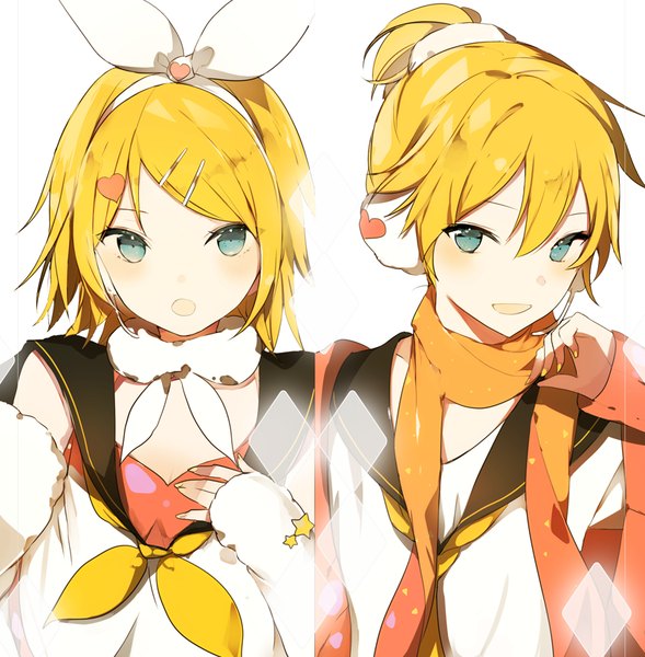 Anime picture 812x827 with vocaloid kagamine rin kagamine len lpip tall image looking at viewer blush short hair open mouth blonde hair simple background white background ponytail aqua eyes twins rhombus brother and sister girl boy bow