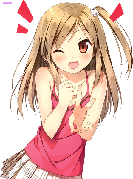 Anime picture 1024x1376 with 5 nenme no houkago (artbook) original kantoku eileenchin single long hair tall image looking at viewer blush highres open mouth simple background smile brown hair brown eyes signed :d pleated skirt one eye closed wink