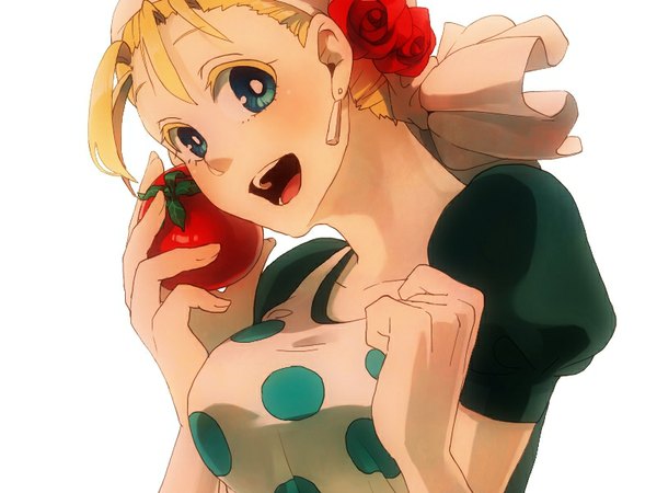 Anime picture 800x600 with jojo no kimyou na bouken suzi q maguro (ma-glo) single looking at viewer blush short hair open mouth blue eyes simple background blonde hair white background polka dot girl earrings vegetables headscarf tomato