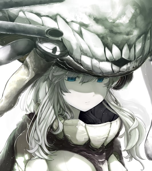 Anime picture 1080x1217 with kantai collection wo-class aircraft carrier pen (pixiv257621) featherpen single long hair tall image blue eyes silver hair upper body teeth shadow looking down white skin shinkaisei-kan girl cape bodysuit tentacles