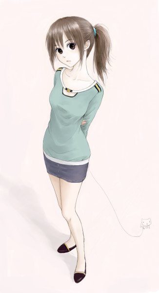 Anime picture 660x1212 with original erurodo (artist) single long hair tall image looking at viewer simple background brown hair brown eyes ponytail hands behind back girl skirt miniskirt scrunchie hair tie lead
