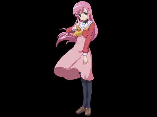 Anime picture 4000x3000 with hayate no gotoku! katsura hinagiku single long hair looking at viewer highres simple background yellow eyes pink hair absurdres light smile black background girl thighhighs uniform hair ornament black thighhighs school uniform shoes bobby pin