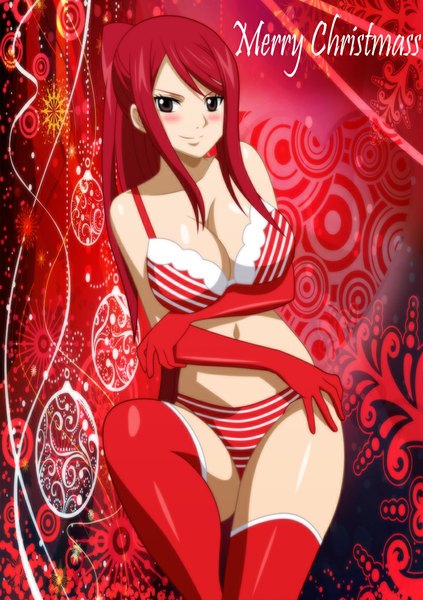 Anime picture 800x1134 with fairy tail erza scarlet x-ray99 single long hair tall image blush light erotic smile brown eyes ponytail red hair bare belly midriff fur trim coloring christmas merry christmas girl thighhighs