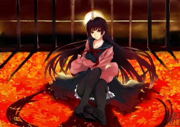 Anime picture 2046x1447 with tasogare otome x amnesia silver link kanoe yuuko single long hair blush highres purple eyes purple hair legs girl pantyhose serafuku leaf (leaves)