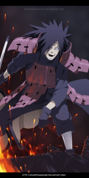 Anime picture 2500x4991 with naruto studio pierrot naruto (series) uchiha madara ricardonamikaze single long hair tall image fringe highres open mouth black hair purple eyes hair over one eye coloring angry rinnegan boy gloves weapon