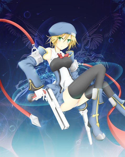 Anime picture 1258x1584 with blazblue noel vermillion mokoppe single tall image blush short hair light erotic blonde hair smile green eyes girl thighhighs gloves black thighhighs detached sleeves boots gun beret pistol