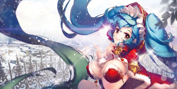 Anime picture 2983x1500 with league of legends sona buvelle apple caramel single fringe highres breasts light erotic smile wide image large breasts twintails brown eyes blue hair very long hair sunlight fur trim city snowing winter