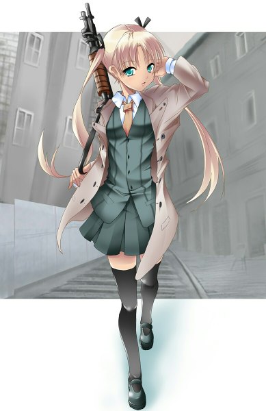 Anime picture 778x1200 with gunslinger girl madhouse triela nana (artist) single long hair tall image looking at viewer open mouth blonde hair twintails green eyes open clothes open jacket city cityscape hand on head girl thighhighs skirt