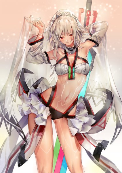 Anime picture 1200x1697 with fate (series) fate/grand order fate/extra fate/extella altera (fate) ogyue single tall image blush fringe short hair breasts light erotic simple background smile red eyes standing holding cleavage silver hair
