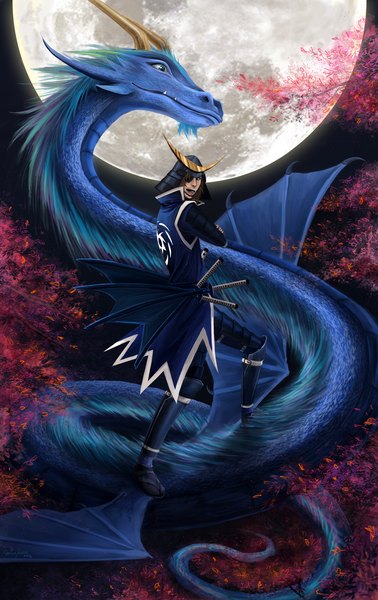 Anime picture 2200x3485 with sengoku basara production i.g date masamune dacadaca tall image highres short hair open mouth blue eyes brown hair signed looking back horn (horns) night boy weapon sword armor katana moon