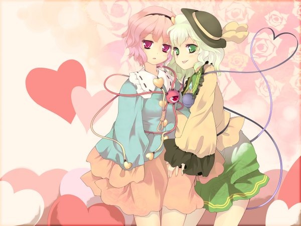 Anime picture 1280x960 with touhou komeiji koishi komeiji satori uruu gekka looking at viewer short hair multiple girls green eyes pink hair white hair pink eyes siblings sisters heart of string girl 2 girls hat heart eyeball