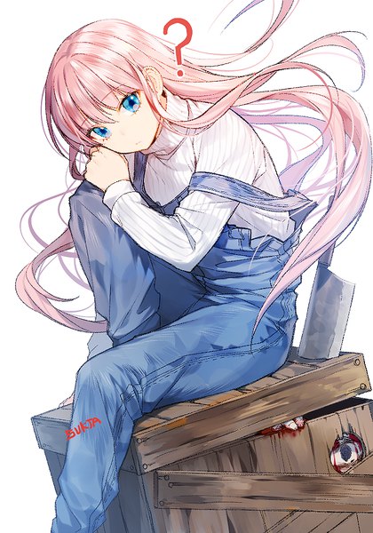 Anime picture 700x1000 with original sorolp single long hair tall image fringe blue eyes simple background white background sitting signed looking away pink hair bent knee (knees) leaning leaning forward floating hair hand on knee ? in container