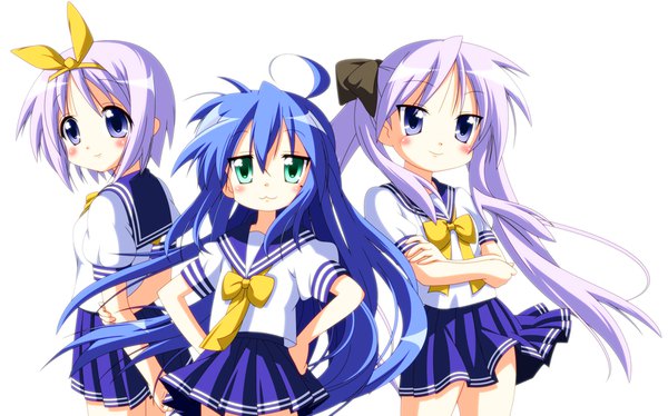 Anime picture 1700x1060 with lucky star kyoto animation izumi konata hiiragi kagami hiiragi tsukasa rindou (awoshakushi) long hair blush short hair simple background smile wide image white background twintails purple eyes multiple girls green eyes blue hair purple hair ahoge