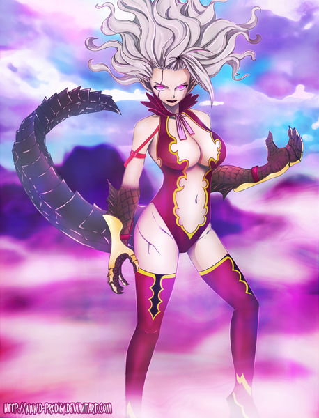 Anime picture 1680x2200 with fairy tail mirajane strauss d-prodi3y single long hair tall image smile sky cleavage cloud (clouds) tail pink eyes lips grey hair coloring demon girl demon girl thighhighs navel