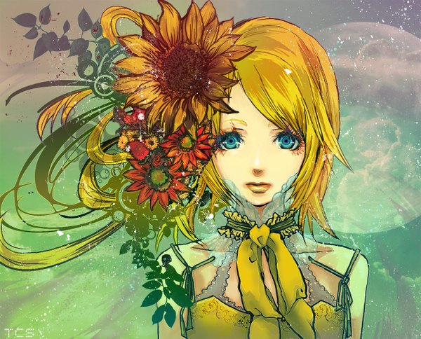 Anime picture 1280x1034 with vocaloid kagamine rin tcs (pixiv) single short hair simple background blonde hair hair flower aqua eyes lips wallpaper green background girl hair ornament