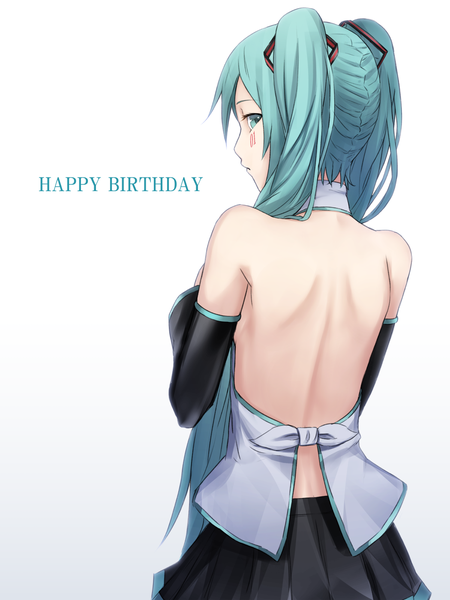 Anime picture 1050x1400 with vocaloid hatsune miku sugi 214 single tall image looking at viewer fringe light erotic simple background white background twintails bare shoulders very long hair pleated skirt looking back aqua eyes from behind aqua hair wide sleeves tattoo