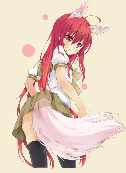 Anime picture 1200x1642 with shakugan no shana j.c. staff shana fei miao single tall image blush fringe open mouth light erotic simple background red eyes animal ears ahoge red hair tail very long hair animal tail pleated skirt looking back