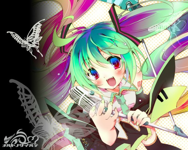 Anime picture 1280x1024 with vocaloid hatsune miku single long hair blush open mouth twintails multicolored hair singing girl detached sleeves insect butterfly microphone
