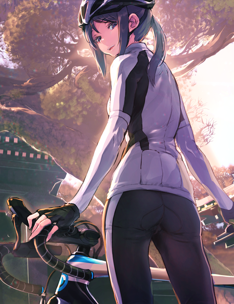 Anime picture 1261x1637 with minami-kamakura koukou joshi jitensha-bu mori shiki afukuro single long hair tall image looking at viewer open mouth light erotic black hair standing holding payot ass outdoors parted lips looking back light smile from behind black eyes